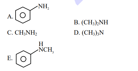 Five amine structures labeled A to E: aniline-like primary aromatic amine, dimethylamine, methylamine, trimethylamine, and N-methylaniline.