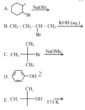Solution figure showing the same five labeled reactions A to E with reagents NaOEt, KOH aqueous, NaOMe, oxidizing conditions for phenol, and alcohol heated at 573 K.