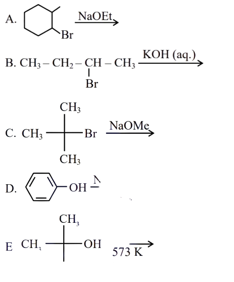 Five labeled reactions A to E are shown: alkyl halide with NaOEt, bromoalkane with aqueous KOH, tert-butyl bromide with NaOMe, phenol oxidation setup, and alcohol heated at 573 K.