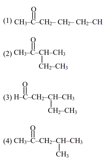 Four structural options for a compound with molecular formula C6H12O, showing ketone and aldehyde carbonyl-containing chain structures labeled 1 to 4.