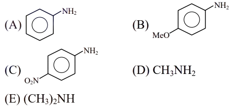 Five amines labeled A to E are shown: aniline, p-methoxy aniline, p-nitro aniline, methylamine, and dimethylamine.