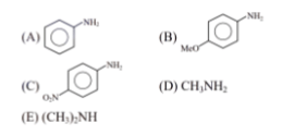 Solution figure showing compounds A to E: aniline, p-methoxy aniline, p-nitro aniline, methylamine, and dimethylamine with labels.