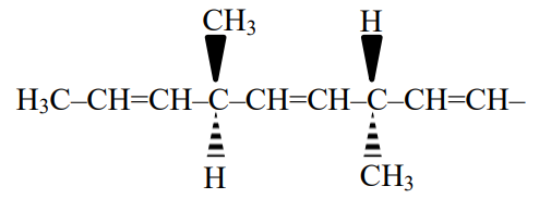 An open-chain unsaturated hydrocarbon with multiple double bonds and two stereogenic centers bearing CH3 and H substituents shown with wedge and dashed bonds.