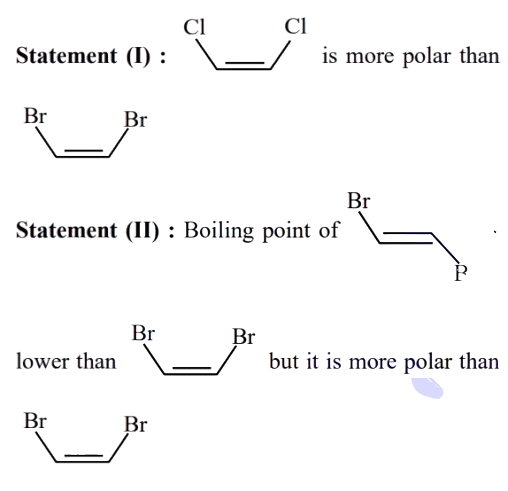 Figure showing Statement I and Statement II with structures of dichloroethene and dibromoethene isomers compared for polarity and boiling point.