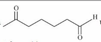 Organic compound structure shown for intramolecular aldol condensation, containing two carbonyl groups positioned to allow cyclization into a five-membered ring product.