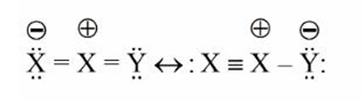 Two resonance structures of X2Y are shown with charge separation, one with X=X=Y and the other with X≡X−Y, including lone pairs and formal charges on atoms.