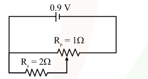 A circuit with a 0.9 V cell across the ends of a 1 ohm potentiometer wire, whose midpoint slider is connected to a 2 ohm external resistor.