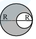 A large circular disc with a smaller circular portion of radius R over 2 removed from the right side, tangent to the outer boundary, with both horizontal radii marked R.