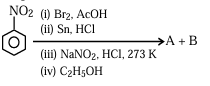 Reaction sequence starting from nitro-substituted bromobenzene treated with Br2, AcOH; then Sn, HCl; then NaNO2, HCl at 273 K; then C2H5OH to give A + B.
