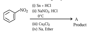 Reaction sequence showing nitrobenzene treated with Sn + HCl, then NaNO2 and HCl at 0 degree Celsius, followed by Cu2Cl2 and Na in ether to form product A.