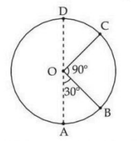 Vertical circle with lowest point A, top point D, center O, point B in lower right, point C in upper right, angle AOB marked 30 degrees and angle BOC marked 90 degrees.