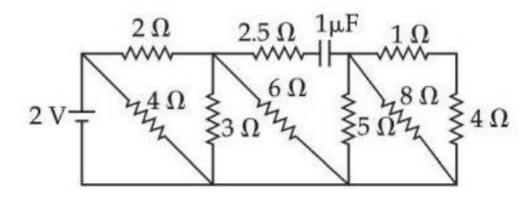 Circuit with a 2 V source on the left and top branch resistors 2 ohm, 2.5 ohm, capacitor 1 microfarad, and 1 ohm, with shunt resistors 4 ohm, 3 ohm, 6 ohm, 5 ohm, 8 ohm, and 4 ohm connected to the bottom rail.