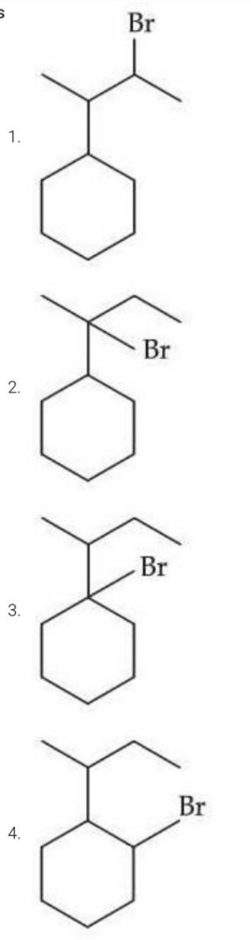 Four structural product options for bromination of sec-butylcyclohexane, numbered 1 to 4, showing bromine attached at different positions on the side chain or cyclohexane ring.