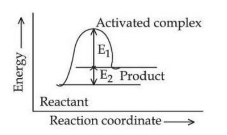 Energy profile diagram with reactant at lower level, product at higher level, activated complex at peak, and vertical energy gaps labeled E1 and E2.