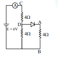 Circuit diagram with a 6 V battery on the left, an ammeter near point C at the top branch, three 4 ohm resistors, and points A, B, C, D marked in the network.