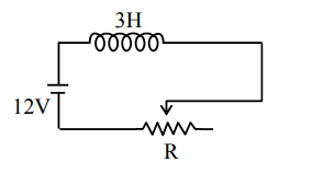 Circuit diagram showing a 12 V source in series with a 3 H inductor and a variable resistor R with sliding contact.