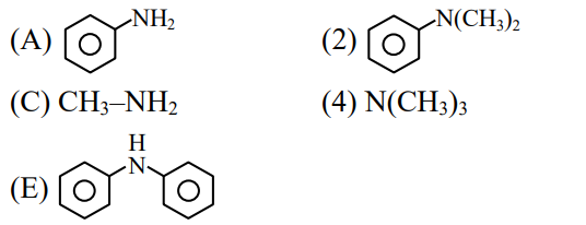 Five amine compounds labeled A, B, C, D, and E including aniline, N,N-dimethylaniline, methylamine, trimethylamine, and diphenylamine are shown.