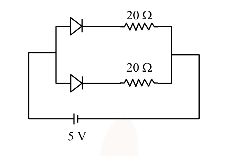Circuit with a 5 V battery connected to two parallel branches, each branch containing a diode in series with a 20 ohm resistor, both diodes oriented in the same direction.