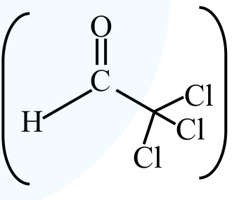 Structural formula of trichloroacetaldehyde showing a carbonyl group attached to hydrogen and a carbon bearing three chlorine atoms, enclosed in brackets.