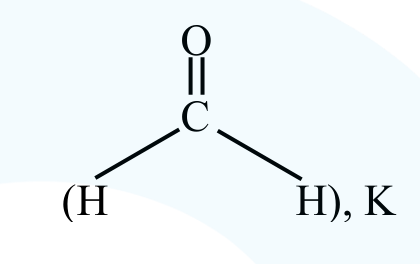 Structural formula of formaldehyde showing a carbonyl carbon double bonded to oxygen and single bonded to two hydrogens, with K mentioned alongside.