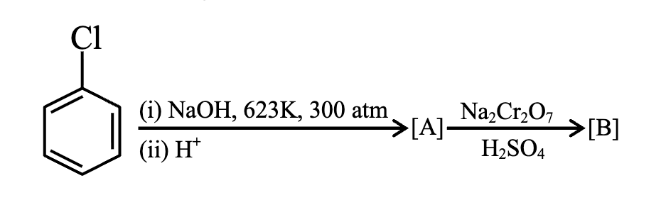 Reaction scheme and four structural options showing chlorobenzene conversion under sodium hydroxide at 623 K and 300 atm, followed by sodium dichromate in sulfuric acid, with candidate structures for products A and B.