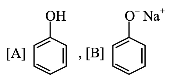 Option 1 shows A as phenol and B as sodium phenoxide with aromatic ring structures and attached OH or O minus Na plus groups.