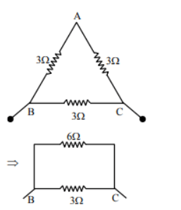 Equilateral triangle resistor network with vertices A, B, and C, each side having 3 ohm resistance, followed by its equivalent between B and C as 6 ohm in parallel with 3 ohm.
