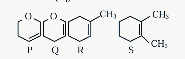 Four six-membered cyclic compounds labeled P, Q, R and S, showing oxygen atoms, double bonds, and CH3 substituents for comparison of reactivity with aqueous HBr.