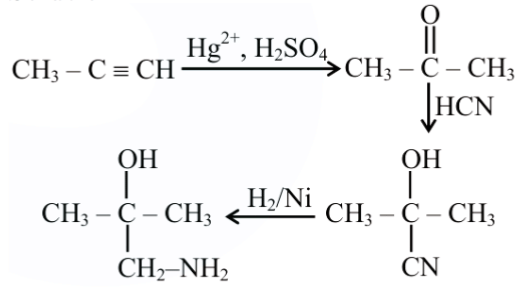 Stepwise reaction scheme showing propyne converted to acetone, then cyanohydrin formation, and finally reduction of nitrile to aminomethyl alcohol structure.
