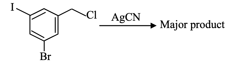 Reaction scheme showing an aryl iodide and bromide substituted aromatic compound reacting with AgCN to give the major product structure.