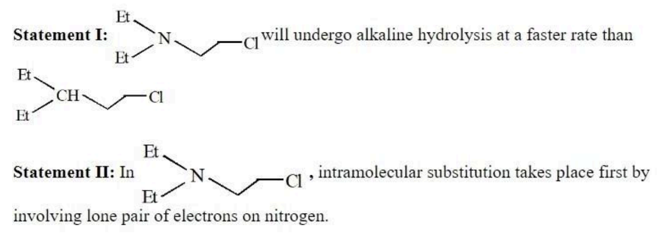 Image showing Statement I and Statement II with organic structures involving diethylamino and chloroalkyl compounds, comparing alkaline hydrolysis rate and intramolecular substitution involving lone pair on nitrogen.