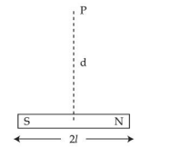 A horizontal bar magnet with south pole on the left and north pole on the right, total length marked as 2l, and a point P vertically above the centre at distance d.