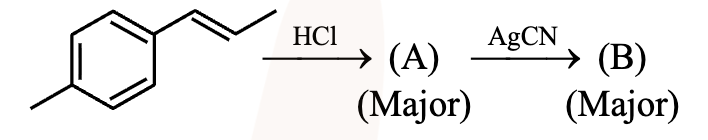 Reaction scheme with an aromatic substrate undergoing treatment with HCl to give intermediate A, followed by AgCN to give product B, asking the major product.