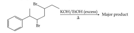 Reaction scheme showing a phenyl-substituted dibromo alkane treated with KOH in ethanol in excess under heat, asking for the major product.