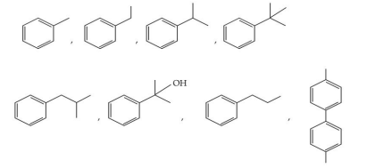 Seven aromatic compounds are shown, including alkyl benzenes, a benzyl alcohol derivative, and a biaryl structure for oxidation analysis.