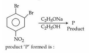 Reaction scheme showing a dibromonitrobenzene ring reacting with sodium ethoxide in ethanol to form product P.