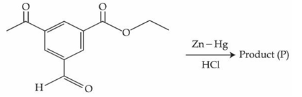 Starting aromatic compound containing one ketone, one aldehyde, and one ester group, shown before reaction conditions.