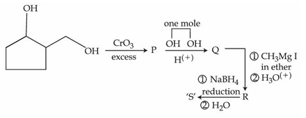 Reaction scheme showing a cyclopentane ring with OH and CH2OH substituents converting through intermediates P, Q, R to compound S using CrO3 excess, one mole ethylene glycol in H+, NaBH4 reduction, and CH3MgI followed by H3O+.