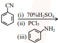 Reaction sequence starting from benzonitrile with reagents 70 percent H2SO4, then PCl5, then aniline-like product, unrelated to diazotization and azo dye coupling.