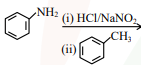 Reaction sequence starting from aniline with HCl and NaNO2 followed by toluene coupling partner shown, not the standard beta-naphthol azo dye sequence.