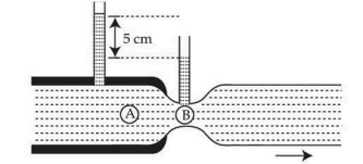 A horizontal tube narrows at section B and widens again, with vertical water columns at A and B showing a height difference of 5 cm and flow to the right.