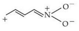 Resonance structure showing a conjugated carbon chain attached to a positively charged nitrogen with two oxygens, both oxygens negatively charged, and a positive charge at the left end.