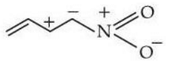 Resonance structure showing an allylic carbon cation in the chain attached to nitrogen, with nitrogen positively charged, one oxygen double bonded and one oxygen negatively charged.