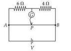 Circuit diagram showing potentiometer wire AB with point P on AB, a galvanometer connected to the junction of 6 ohm and 4 ohm resistors, and a cell connected across A and B.