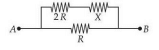 Circuit diagram between points A and B showing a bridge-like network with top branch resistors 2R and X in series and bottom branch resistor R.
