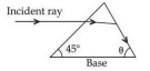 Prism diagram showing a horizontal incident ray entering the left face, internal refraction inside the prism, left base angle marked 45 degrees, and the right base angle marked theta.