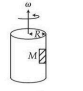 A vertical cylindrical drum of radius R rotates about its central vertical axis with angular velocity omega, and a block of mass M is shown pressed against the inner wall.