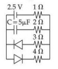 Circuit diagram with a 2.5 V source on the left, a 5 microfarad capacitor branch, and three resistors 1 ohm, 3 ohm, and 4 ohm connected in the network.