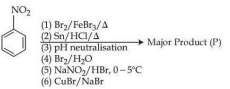 Reaction sequence starting from nitrobenzene with steps Br2 over FeBr3 and heat, then Sn and HCl, pH neutralisation, Br2 and H2O, NaNO2 and HBr at 0 to 5 degree Celsius, followed by CuBr to give major product P.