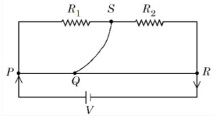 Meter bridge circuit with resistances R1 and R2 in the two gaps, wire PQ of length 100 cm, and null point measured from point P.